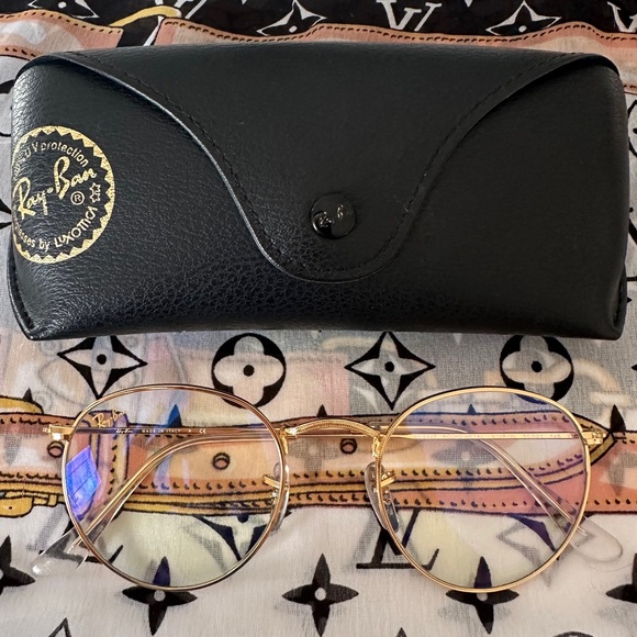 Ray Ban Round Blue-Light Clear Evolve in Polished Gold - Picture 2 of 7